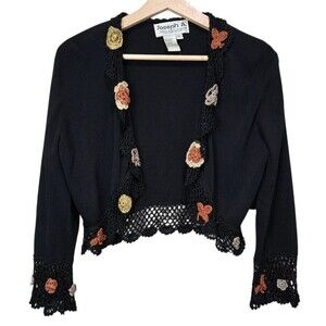 Joseph A Black Cardigan with Crochet Floral Trim